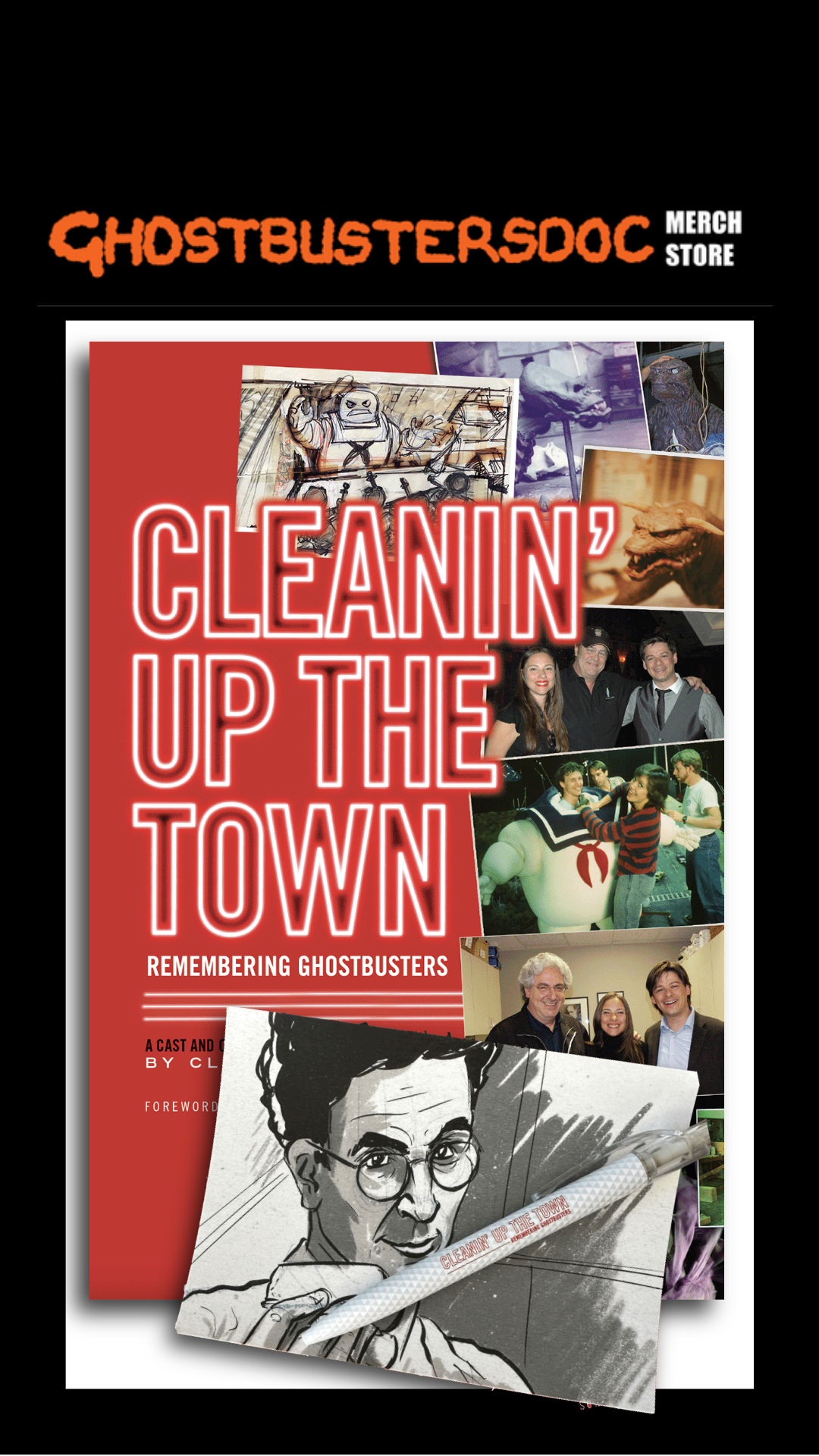 CLEANIN' UP THE TOWN: Remembering Ghostbusters Paperback book, pen, postcard